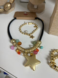 Cord Black With Star And Heart Gold Turkish Necklace