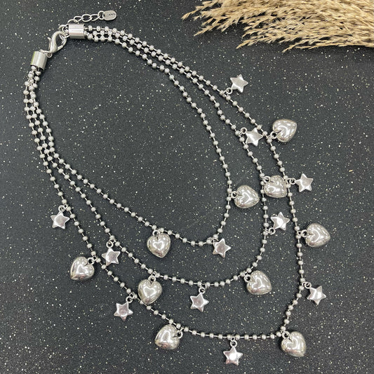 3 Layers With Hearts And Stars Silver Turkish Necklace
