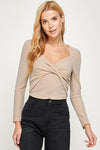 Twist Front Detail Shiny Long Sleeve Top