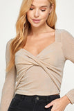 Twist Front Detail Shiny Long Sleeve Top