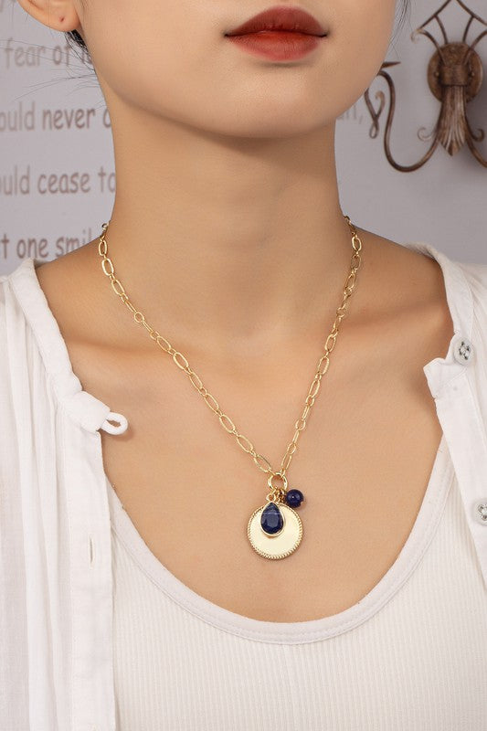 Necklace With Hammered Coin And Blue Agate