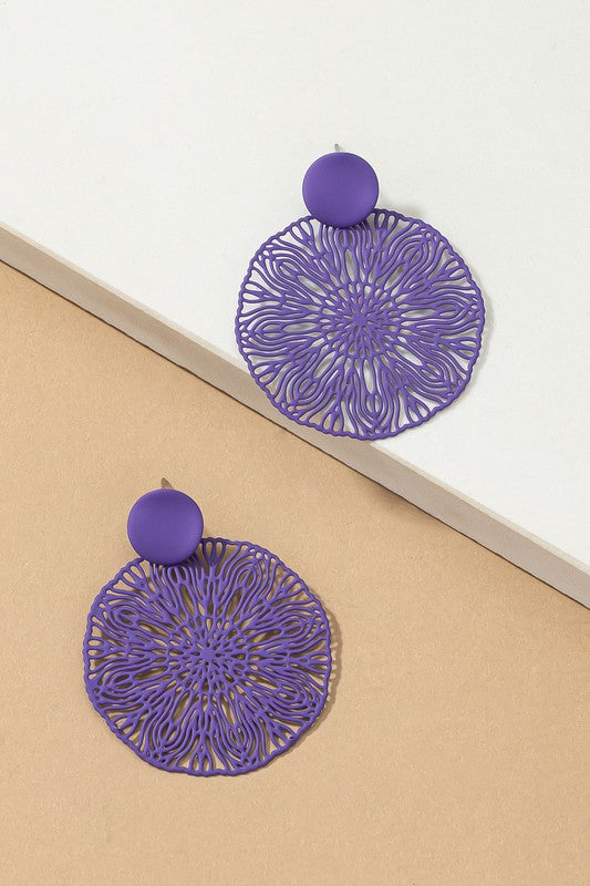 Color Coating Brass Filigree Disk Drop Earrings