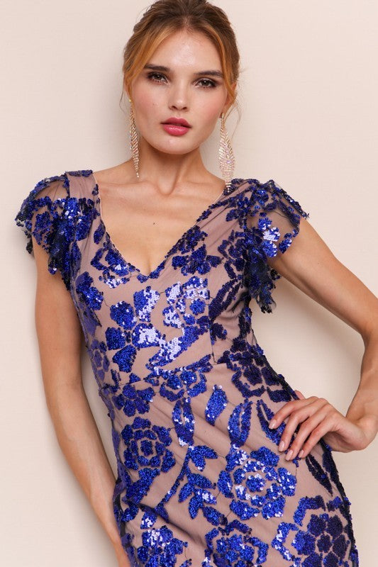 Floral Sequin Fabric Formal Dress