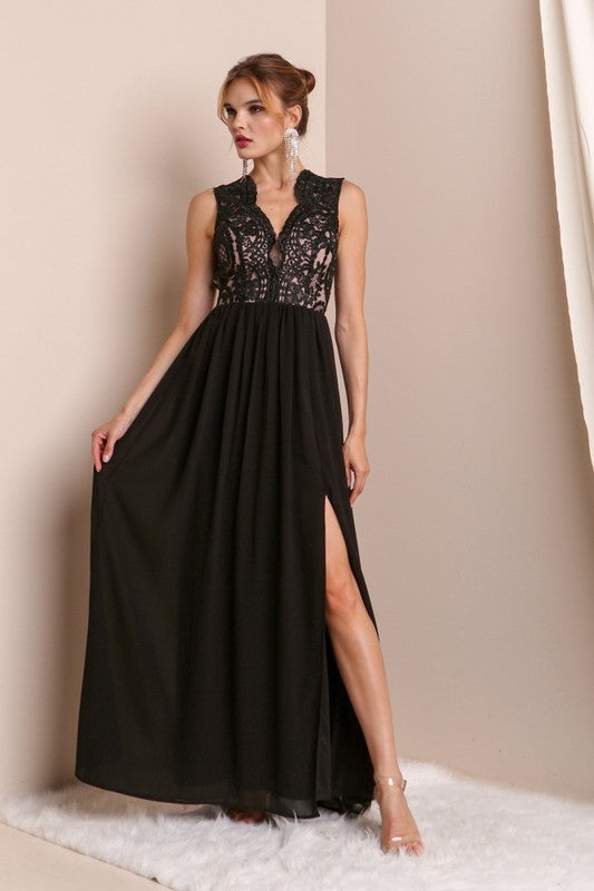 Lace Frontal Detail Chiffon Formal Dress