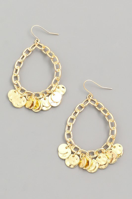 Gold Chain Teardrop Disc Chandelier Earrings
