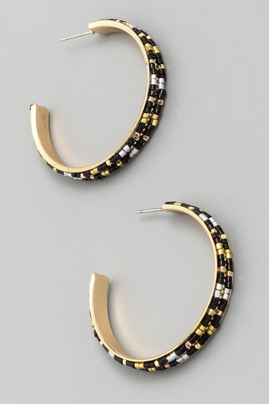 Black Seed Beaded Open Hoop Earrings