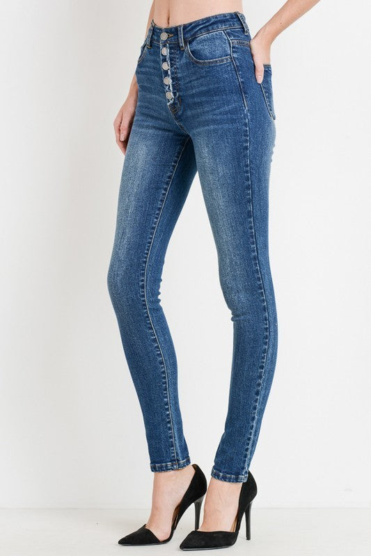 High Waist Button Down Full Length Skinny Jean