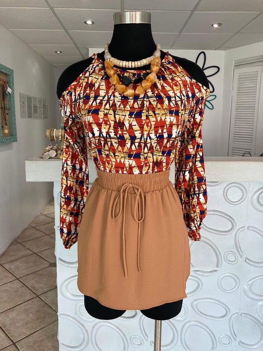 Bohemian Diamond Print Cold Shoulder Top