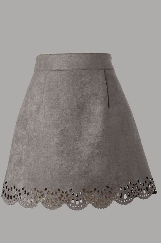 Scalloped Hem Suede Gray Skirt