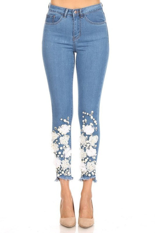 Rhinestone and Flower Detail Skinny Jean