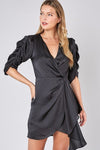 Ruched Puff Sleeves Surplice Short Dress