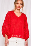 Balloon Sleeve Lace Red Top