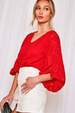Balloon Sleeve Lace Red Top