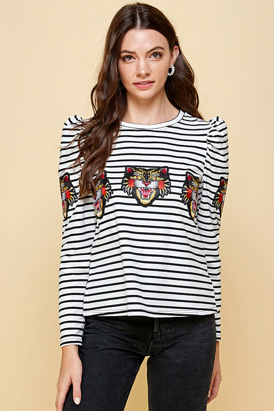 Embroidered Tiger Details Stripes Top