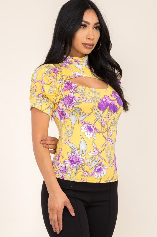 Floral Print Mock Neck Key Hole Casual Top