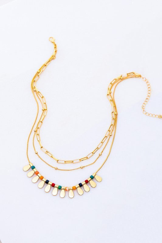 Three Layer Multicolor Oval Charms and Beads Necklace