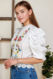 Floral Embroidery Puff Sleeve Top
