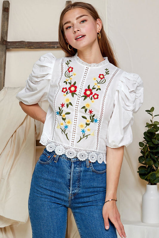 Floral Embroidery Puff Sleeve Top