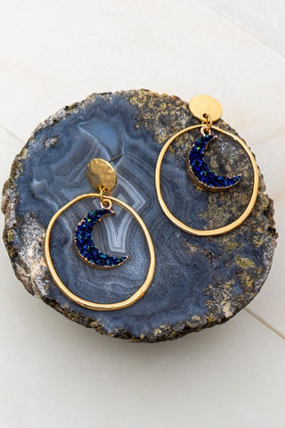 Blue Druzzy Crescent Earrings