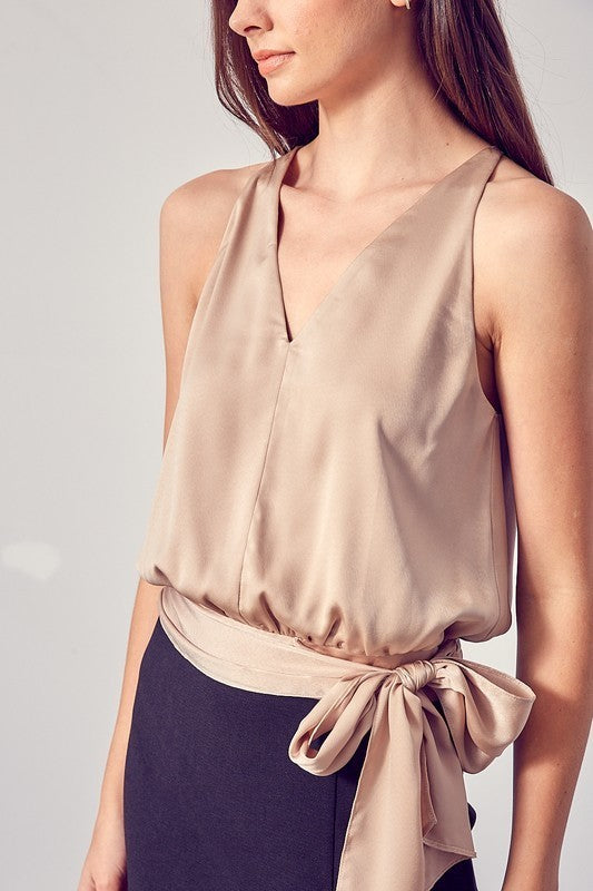 Satin Side Tie V-Neck Top