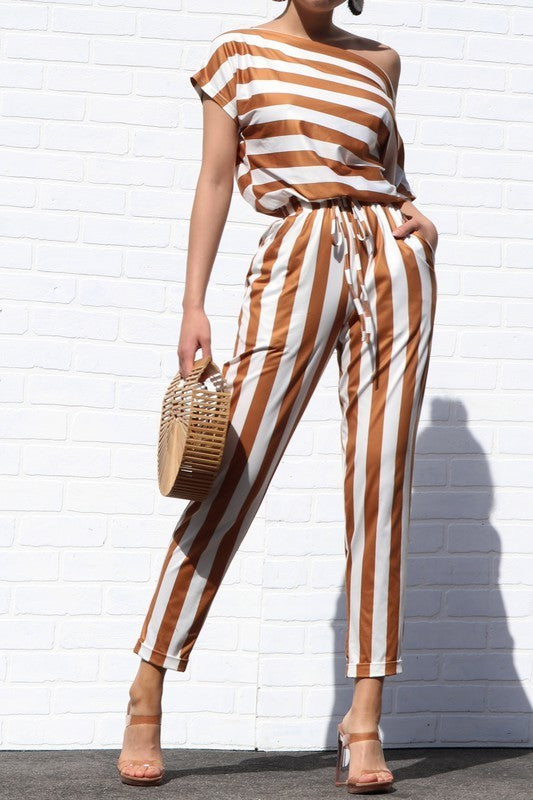 Stripe Print Off Shoulder Jumpsuit