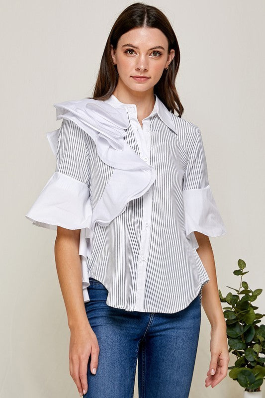 Striped Ruffles Sleeves Blouse Top