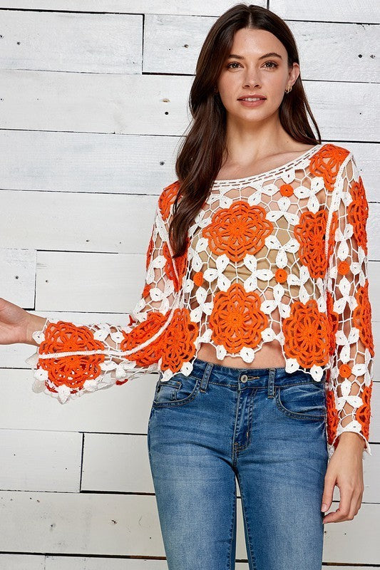 Orange & White Crochet Long Sleeve Top