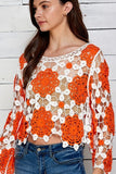 Orange & White Crochet Long Sleeve Top