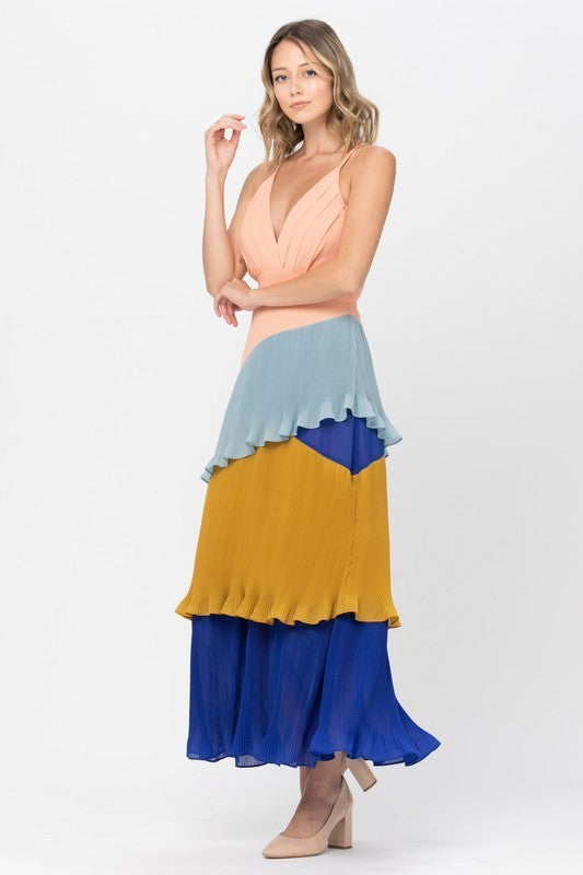 Color Block Tier Pleated Maxi Dress