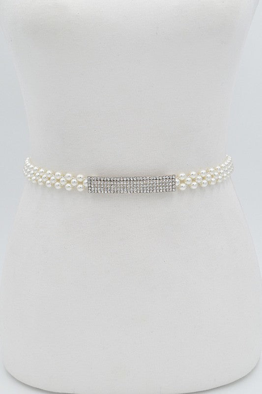 Pearl Beads Rhinestone Square Belt