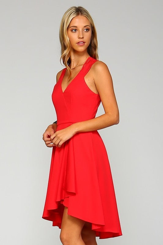 High Low Fit And Flare Wrap Cocktail Dress