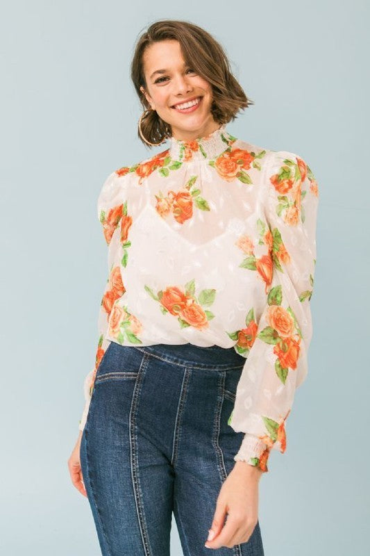 Smocked High Neckline Printed Top