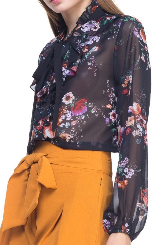 Floral Ruffle Tie Neck Button Down Shirts