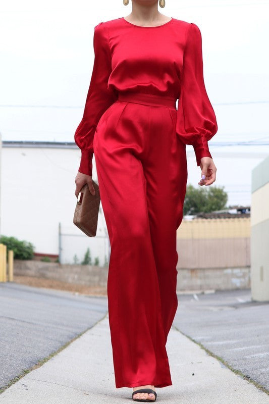 Satin Long Puff Sleeves Jumpsuit