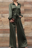 Button Down Puff Sleeve Satin Jumpsuit
