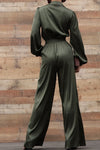 Button Down Puff Sleeve Satin Jumpsuit