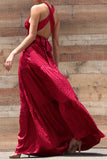 Ruched Tunnel Neckline Satin Maxi Dress