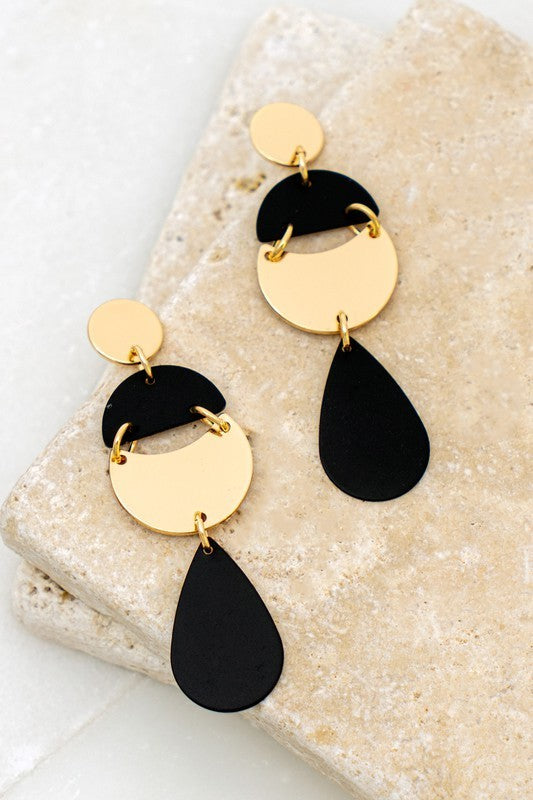 Geo Shape Metal and Black Drop Earrings