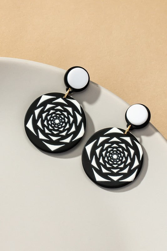 Black and White Embossed Flower Pattern disk Drop Earrings.