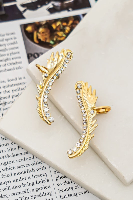 Pair of Feather with Rhinestone Cuff Earrings (Pick Color)