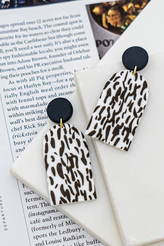 Black and White Animal Print Geo Shape Drop Earrings