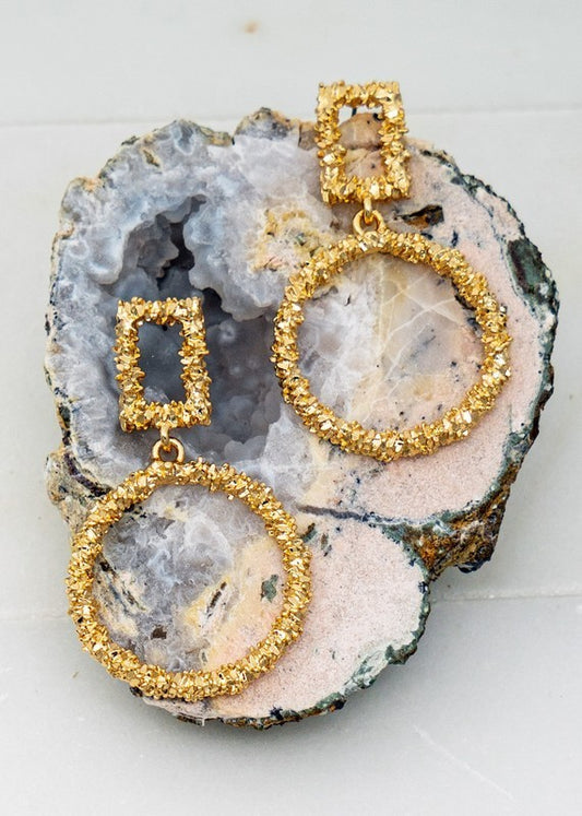 Rectangle and Circle Gold Nugget Hoop Earrings