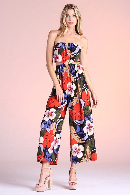 Wild Hibiscus O-Ring Cutout Jumpsuit