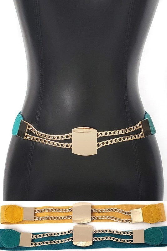 Squares and Chains Gold Buckle, Elastic Belt