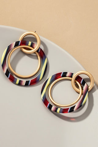 Linked Metal Multi Color Acetate Stripe Hoops Earrings