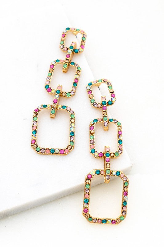 Multi Color Rhinestone Linked Hoops Earrings