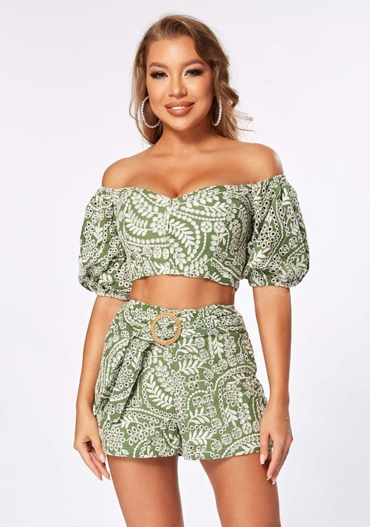 Off Shoulder Embroidery Top & Short Set