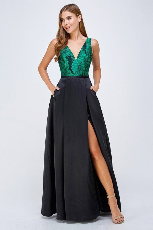 Rhinestones Slit Side Taffeta Formal Dress