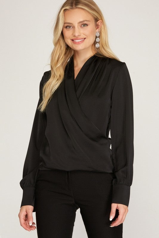 Satin Surplice Long Sleeve Top