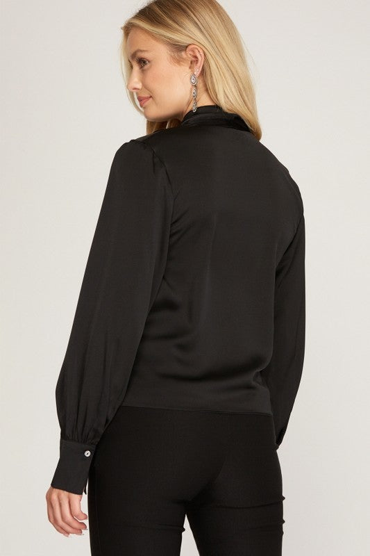 Satin Surplice Long Sleeve Top